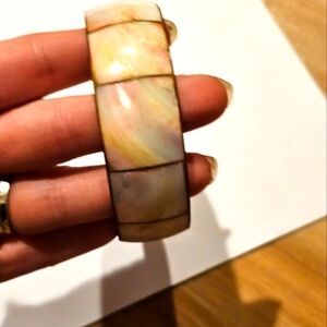 Vintage Capiz Shell Inlaid Brass Bangle Bracelet.